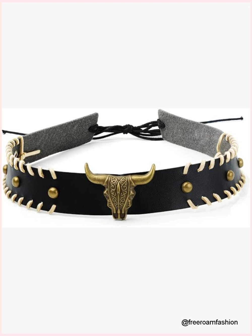 Western Leather Hat Band with Bullhead Decor, Adjustable